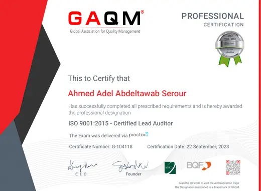 ISO 9001:2015 Certified Lead Auditor certificate