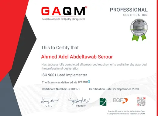 ISO 9001 Certified Lead Implementer certificate