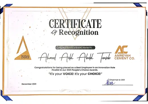 Certificate of Recognition — Innovation Role certificate
